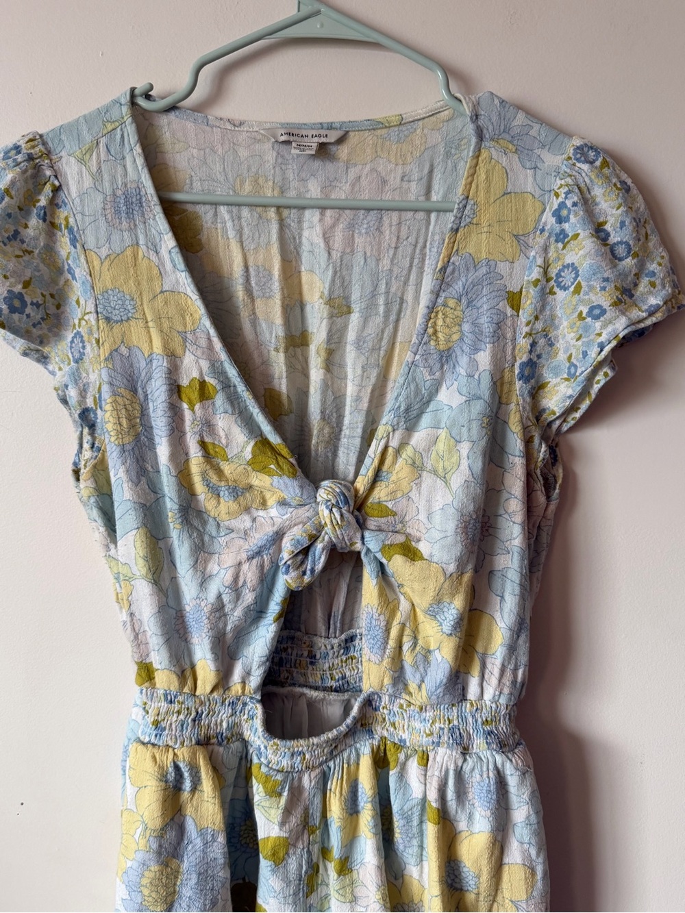 American Eagle Pastel Floral Tie-Front Romper in Yellow & Light Blue